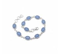 Divine Ornaments 925 Sterling Silver Oval Gemstone Tennis Adjustable Bracelet, Classic Link Handmade Jewelry for Women in Black Onyx, Chalcedony and More, Blue Chalcedony