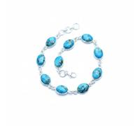 Divine Ornaments 925 Sterling Silver Oval Gemstone Tennis Adjustable Bracelet, Classic Link Handmade Jewelry for Women in Black Onyx, Chalcedony and More, Blue Copper Turquoise
