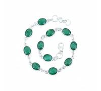 Divine Ornaments 925 Sterling Silver Oval Gemstone Tennis Adjustable Bracelet, Classic Link Handmade Jewelry for Women in Black Onyx, Chalcedony and More, Simulated Emerald