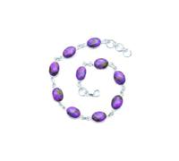 Divine Ornaments 925 Sterling Silver Oval Gemstone Tennis Adjustable Bracelet, Classic Link Handmade Jewelry for Women in Black Onyx, Chalcedony and More, Purple Copper Turquoise