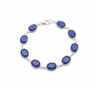Divine Ornaments 925 Sterling Silver Oval Gemstone Tennis Adjustable Bracelet, Classic Link Handmade Jewelry for Women in Black Onyx, Chalcedony and More, Simulated Sapphire
