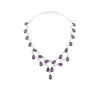 Divine Ornaments 925 Sterling Silver Teardrop Statement Necklace, Handmade Gemstone Jewelry for Women in Rose Quartz, Amethyst and Others (Amethyst)