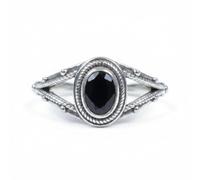 Divine Ornaments Handmade 925 Sterling Silver Split Band Ring with Natural Oval Gemstone, Boho Style, Sizes H to V, Garnet, Tourmaline and others (Cut Black Onyx, US- 7/UK- N)
