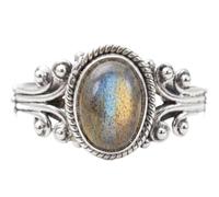 Divine Ornaments Handmade Natural Labradorite Ring, 925 Sterling Silver, Oval Cabochon Stone, Bohemian Vintage Style (US-9/UK-R)