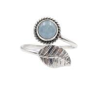 Divine Ornaments Sterling Silver Bohemian Leaf Ring with Natural Gemstone, Round Cabochon, Adjustable in Rainbow moonstone, Labradorite and others (Aquamarine, US-8/UK-P)