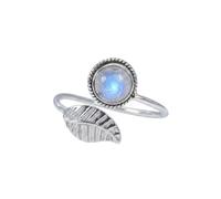 Divine Ornaments Sterling Silver Bohemian Leaf Ring with Natural Gemstone, Round Cabochon, Adjustable in Rainbow moonstone, Labradorite and others (Moonstone, US-5/UK-J)