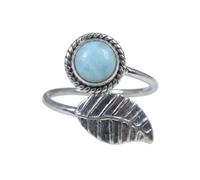 Divine Ornaments Sterling Silver Bohemian Leaf Ring with Natural Gemstone, Round Cabochon, Adjustable in Rainbow moonstone, Labradorite and others (Larimar, US-10/UK-T)