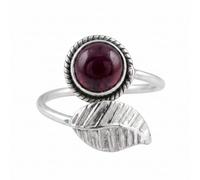 Divine Ornaments Sterling Silver Bohemian Leaf Ring with Natural Gemstone, Round Cabochon, Adjustable in Rainbow moonstone, Labradorite and others (Garnet, US-8/UK-P)