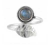 Divine Ornaments Sterling Silver Bohemian Leaf Ring with Natural Gemstone, Round Cabochon, Adjustable in Rainbow moonstone, Labradorite and others (Labradorite, US-5/UK-J)