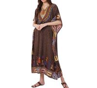 Divine threads Women African Print Kimono Cover Up V Neck Batwing Sleeve Plus Size Beach Kaftan Dresses Brown, Brown, Plus