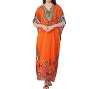 Divine threads Women African Print Kimono Cover Up V Neck Batwing Sleeve Plus Size Beach Kaftan Dresses Brown, Orange, Plus
