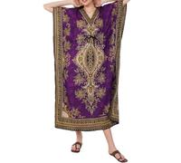 Divine threads - Women's Kaftan Floral Print/Beach Cover Up/Plus Size V-Neck Loose Kimono Maxi Dress, Purple, Plus
