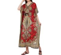 Divine threads - Women's Kaftan Floral Print/Beach Cover Up/Plus Size V-Neck Loose Kimono Maxi Dress, Red, Plus