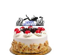Diving Happy Birthday Cake Topper, Deep Sea Diver Cake Decors, Under The Sea Themed Birthday Cake Decoration, Summer/Beach/Ocean Party, Black & Blue Glitter