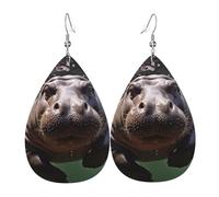 Diving Hippo Leather Earring Printed Pendant Fun Dangle Earrings For Daily Beach