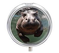 Diving Hippo Pill Case Metal Round Portable Pill Box,Waterproof Travel Pills Organizer Vitamins Medicine Storage Box for Travel Or Daily