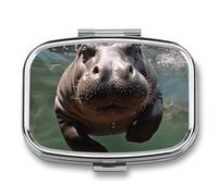 Diving Hippo Pill Organizer Small Pill Box with Two Compartments Pill Case Metal Medicine Organizer Portable Medicine Box Holder Medication Holder Travel Pill Container