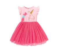 DivingBirds Girls' Dresses Unicorn Dress for Girl Ruffled Tulle Tutu Kids Dress Summer Outfits Party Gifts Rose Red 6-7 Years