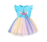 DivingBirds Girls' Dresses Unicorn Dress for Girl Ruffled Tulle Tutu Kids Dress Summer Outfits Party Gifts Light Blue 5-6 Years