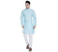 DIVISIVE Mens Kurta Plain Polycotton Linen Slim Fit Pyjama Set, Lt Turquoise, S