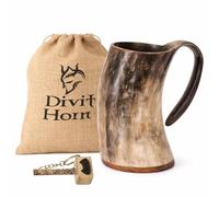 Divit Genuine Viking Drinking Horn Mug with Opener | Authentic Medieval Beer Horn Tankard | Burlap Gift Sack Included | 24oz Capacity Horn Cup/Stein. (Natural Mug, Semi Polised)