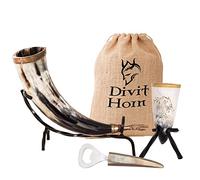 Divit Genuine Viking Horn Shot, Bottle Opener (3 Pc. Set) | Authentic Medieval Beer Tankard | Horn Cup/Stein | Burlap Gift Sack Included. (16 oz, Dragon, Polished)