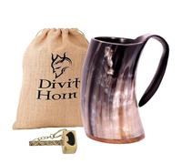 Divit Horn Genuine Viking Drinking Horn Mug | Authentic Medieval Beer Horn Tankard 24 oz (700 ml) Capacity | Natural Horn Cup/Stein Natural Mug with Brass Hammer Opener