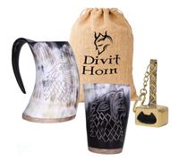 Divit Horn Genuine Viking Drinking Horn Mug, Shot Glass & Bottle Opener (3-Pc Set) | Authentic Medieval Beer Horn Tankard | Horn Cup/Stein | Burlap Gift Sack Included | Wolf Mug & Brass Hammer Opener