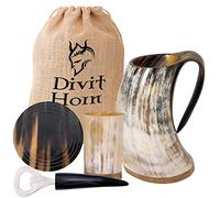 Divit Horn Genuine Viking Drinking Horn Mug, Shot Glass, Bottle Opener & Coaster (4 Pc. Set) | Authentic Beer Horn Tankard | Horn Cup/Stein | Burlap Gift Sack Included(650-700 ml, Natural Mug Set)