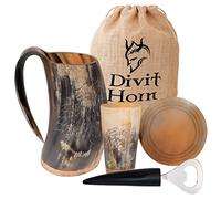 Divit Horn Genuine Viking Drinking Horn Mug, Shot Glass, Bottle Opener & Coaster (4 Pc. Set) | Authentic Medieval Beer Horn Tankard | Burlap Sack Included (650-700 ml,Fenrir | Natural)