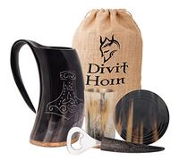 Divit Horn Genuine Viking Drinking Horn Mug, Shot Glass, Bottle Opener & Coaster (4 Pc. Set) | Authentic Medieval Beer Horn Tankard | Burlap Sack Included(650-700 ml, Thor | Polished)