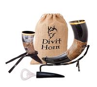 Divit Horn Genuine Viking Drinking Horn Set | Medieval Tankard & Shot Glass | Bottle Opener | Burlap Gift Sack Included. (16 oz, Jarl, Polished)