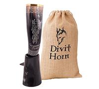 Divit Horn Genuine Viking Drinking Horn with Iron Stand | Authentic Medieval Beer Drinking Horn | Brass Adornments & Burlap Gift Sack Included | 16 oz Capacity | (Ormr, Polished)