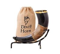 Divit Horn Genuine Viking Drinking Horn with Iron Stand | Authentic Medieval Beer Drinking Horn | Brass Adornments & Burlap Gift Sack Included | 16 oz (450-500 ml) Capacity.