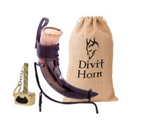Divit Horn Genuine Viking Drinking Horn with Iron Stand | Medieval Beer Drinking Horn 16 oz (450-500 ml) | Brass Adornments & Burlap Gift Sack Included | Leather Horn & Brass Hammer Opener