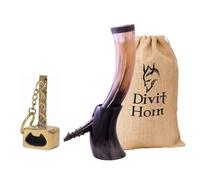 Divit Horn Genuine Viking Drinking Horn with Iron Stand | Medieval Beer Drinking Horn 16 oz (450-500 ml) | Brass Adornments & Burlap Gift Sack Included | Wolf Horn Drinking Horn & Brass Hammer Opener