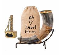 Divit Horn Genuine Viking Drinking Horn with Iron Stand & Opener | Medieval Beer Drinking Horn 16 oz | Brass Adorned Jarl Horn (Semi-Finished) with Burlap Gift Sack & Brass Hammer Opener