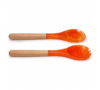 Divit Shilp Salad Servers - Resin Tongs with Long Handle for Mixing, Tossing and Cooking (Spoon and Fork Set) (Orange & Natural Wood)