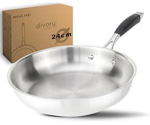 DIVORY Stainless Steel Frying pan 24 cm - Uncoated, PTFE & PFOA-Free, Induction-Compatible, Small Stainless pan Without Coating (PURA, 24 cm)
