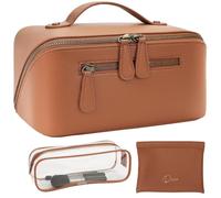 Divvia Travel Makeup Bag Organizer Cosmetic Bag Make up Bags for Women with Handle - Waterproof Vegan Leather Toiletry Bags Travel Essentials Pouch with Compartments, Upgraded brown, 3L US
