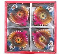 Diwali Clay Diya Indian Oil Lamps Diva Metallic Painted Tealights Handmade Diwali Decorations Diyas Hindu Festive for Home Pooja Temple Décor Gifts Set of 4 (Pink, Gold & Blue)