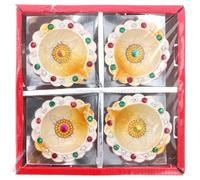 Diwali Clay Diya Indian Oil Lamps Diva Metallic Painted Tealights Handmade Diwali Decorations Diyas Hindu Festive for Home Pooja Temple Décor Gifts Set of 4 (White)