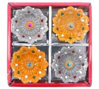 Diwali Clay Diya Indian Oil Lamps Diva Painted Gold Silver Tealights Handmade Diwali Decorations Diyas Hindu Festive for Home Pooja Temple Rangoli Décor Gifts Set of 4 (Flower)