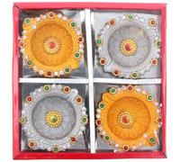 Diwali Clay Diya Indian Oil Lamps Diva Painted Gold Silver Tealights Handmade Diwali Decorations Diyas Hindu Festive for Home Pooja Temple Rangoli Décor Gifts Set of 4 (Round)