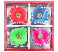 Diwali Clay Diya Indian Oil Lamps Diva Painted Multi Colour Tealight Holder Handmade Diwali Decorations Diyas Hindu Festival for Home Pooja Temple Décor Gifts Set of 4 (Blue, Pink, Green, Red)