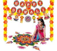 Diwali Decorations for House, Rangoli Floor Stickers, Happy Diwali Banners Deepavali Hanging Swirls with Artificial Orange Marigold Flower Garland, Indian Decor Gifts for Outdoor Indoor Wall Window