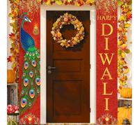 Diwali Decorations for House Welcome Banner Decor Happy Diwali Sign Peacock and Oil Lamp Paired with Golden On A Red Background Adding A Festive and Indian Touch to Your Celebrations Banners