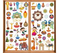 Diwali Decorations for House Window Stickers Set Vibrant Traditional Indian Elements Featuring Oil Lamps, Mandalas, Festive Characters, Musical Instruments, and Animal Designs Celebrate Holiday Happy