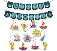 Diwali Decorations Set 2 Pack Blue Hanging Swirl Garlands with 'Happy Diwali' Banner, Festival of Lights Ceiling and Wall Decor for Indian Puja, Wedding and Home Decoration