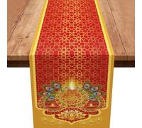 Diwali Table Runner,Red Gold Diwali Table Decoration India Deepawali Festival Table Runner Holiday Kitchen Dining Table Decoration for Home Party Decor 13x72 Inch
